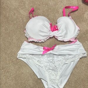White Lace Bikini Set with Hot Pink Satin Bows